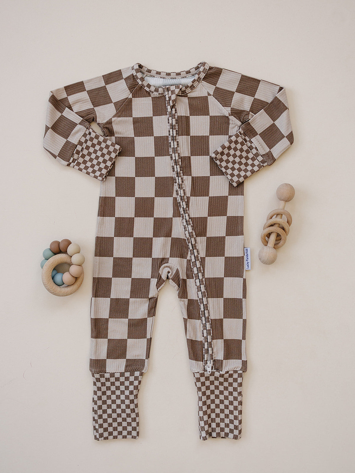 Ribbed Bamboo Zip Romper | Latte Checkered