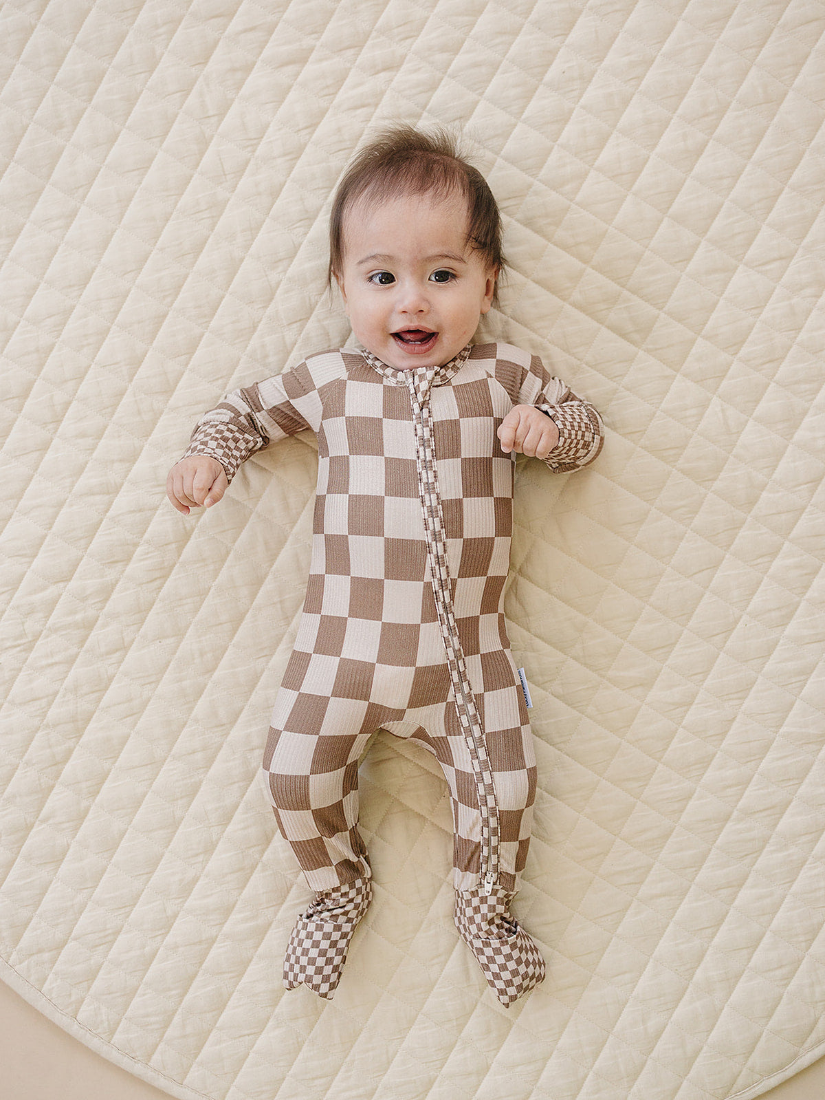 Ribbed Bamboo Zip Romper | Latte Checkered