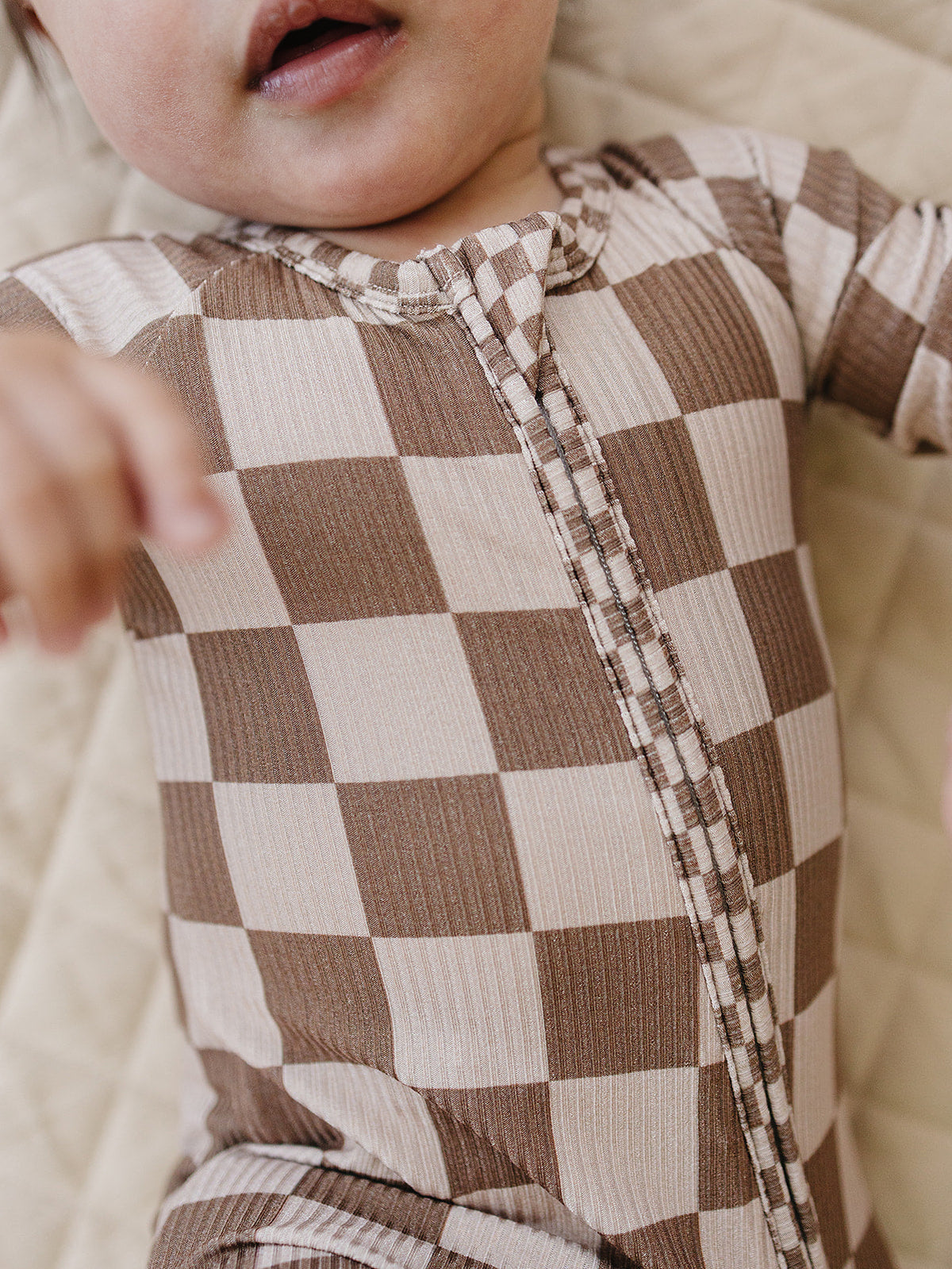 Ribbed Bamboo Zip Romper | Latte Checkered