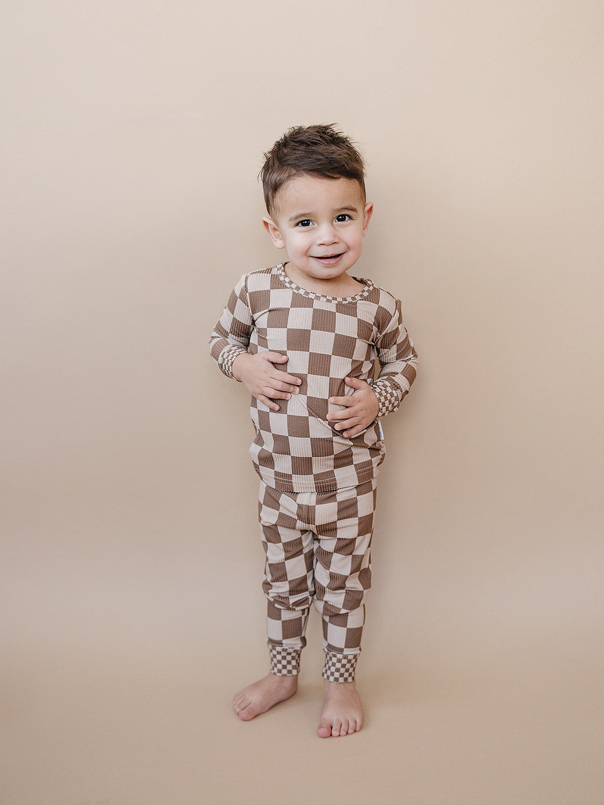 Ribbed Bamboo Two Piece Set | Latte Checkered